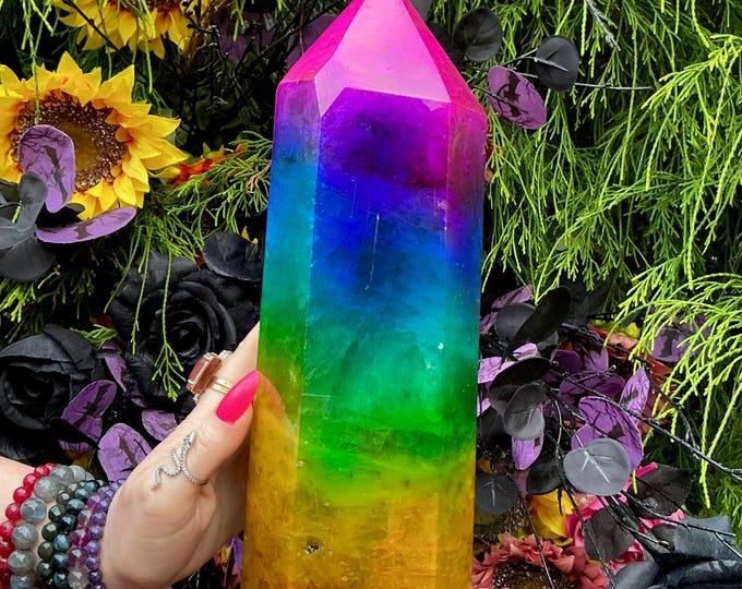 Rainbow Aura Fluorite Crystal Generator ~ 10 lb. ~ 10" Tall Tower ~ Colorful Pink Blue Green Yellow Color ~ Fast & Free Shipping, U.S.A.
