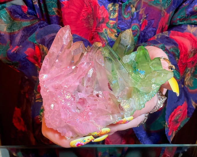 Pink & Green Aura Quartz Crystal Cluster ~ 1 Lb. 2 oz. ~ 5" Long ~ Sparkling Electric Rainbow Iridescent Points