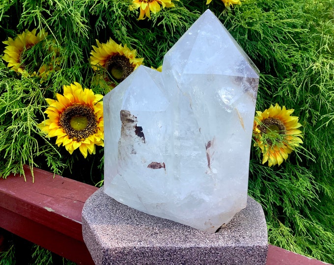 Clear Quartz Twin Flame Generator ~ Large 17 lb. ~ 10" Tall ~ Double Point ~ Sparkling Points ~ Custom Wood Stand ~ Fast & Free Shipping