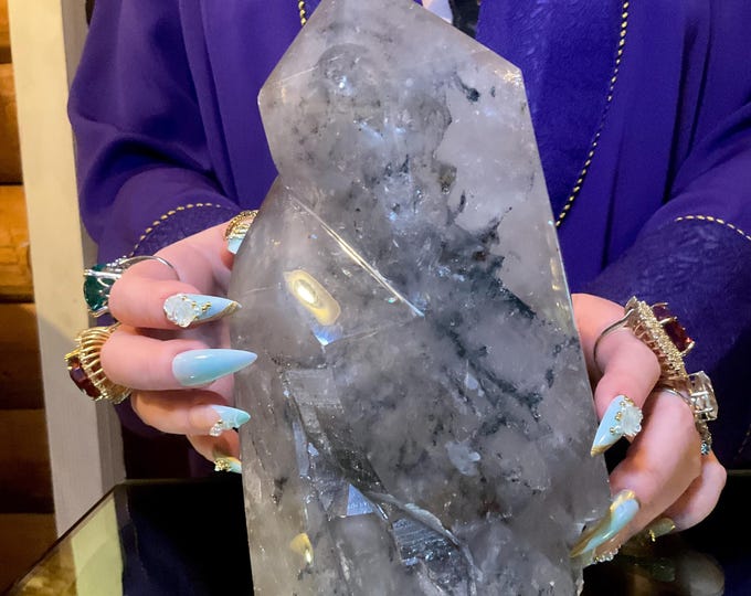 Clear Quartz & Black Tourmaline Large 6 lb. Crystal Generator ~ 8 1/2" Tall Double Point Tower