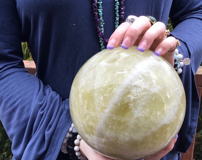 Citrine Crystal Ball ~ Large 12 Lb 6 oz ~ 6" Wide ~  Golden Yellow Banded Polished Quartz Sphere ~ White Lines ~ Sparkling Silver Inclusions