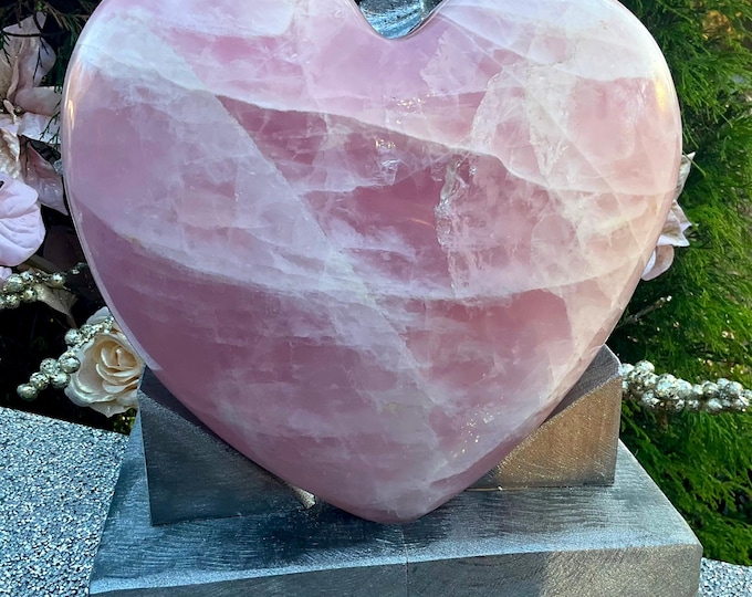 Rose Quartz Crystal Heart ~ Large 23 lb. ~ 11" Wide ~ Custom Handmade Wooden Display Stand ~ Heart Chakra Reiki Healing Altar ~ Home Decor ~