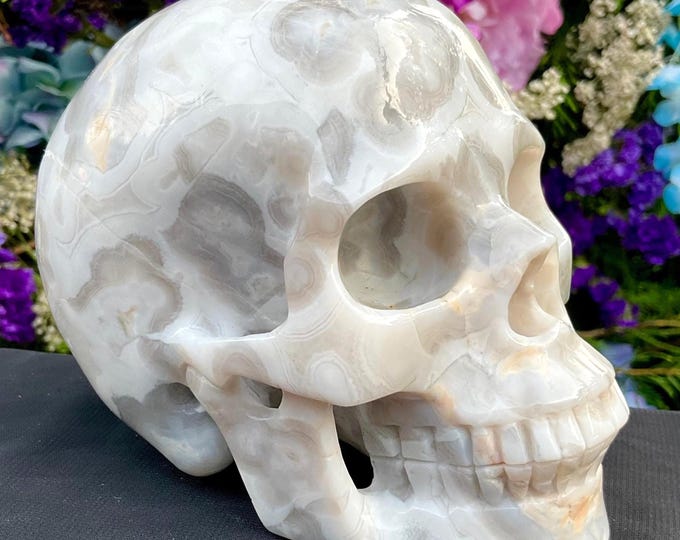 White Agate Crystal Skull ~ 2 Lb. 13 oz. ~ 5" Long ~ Swirling Blue & White Colors ~ Altar, Metaphysical Home Decor ~ Hand Carved Display