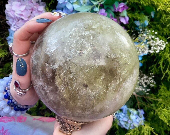 Citrine Crystal Ball ~ Large 8 lb. 3 oz. with a Decorative Brass Stand ~ 5 1/2" Wide ~ Smokey Golden Yellow Colors ~ Rainbows Silver Flashes