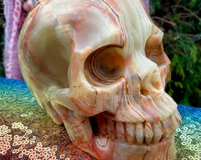 Afghan Jade Crystal Skull ~ Large 2 Lb. 15 oz. ~ 5" Long ~ One-of-a-Kind ~ Swirling Green Gold and Beige Colors~ Hand Carved Sculpture