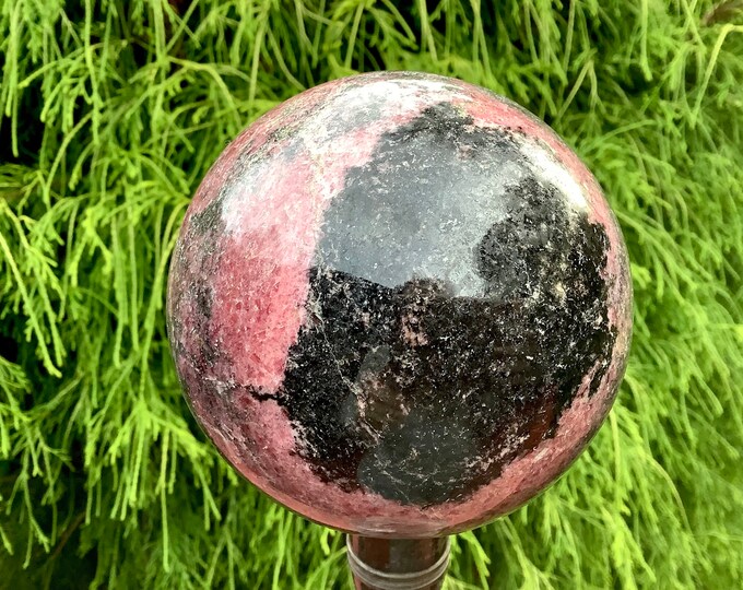 Rhodonite Crystal Ball ~ Large 3 Lb. 8 oz. ~ 4" Wide Polished Sphere ~ Pink, Black & White Colors ~ Home Decor ~ Fast Free Shipping