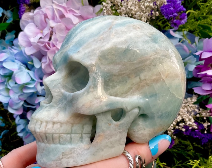 Amazonite Crystal Skull ~ 3 Lb. 3 oz. ~ 5" Long ~ One-of-a-Kind Green, White & Blue Colors ~ Expertly Hand Carved Sculpture