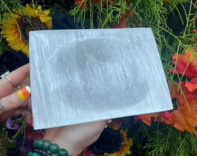 Selenite Crystal Jewelry Dish ~ Large 3 Lb. 13 oz. - 8" Long ~ Beautiful Polished Transparent White Mineral ~ Swirling Pearlescent Patterns