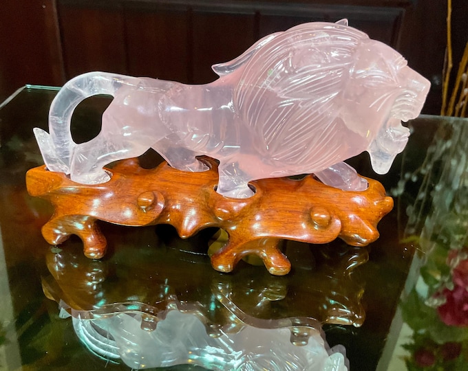 Vintage Rose Quartz 9 oz. African Lion ~ 5" Long ~ Hand Carved Museum Quality ~ Transparent Pink & Clear Colors ~ Spirit Animal Totem