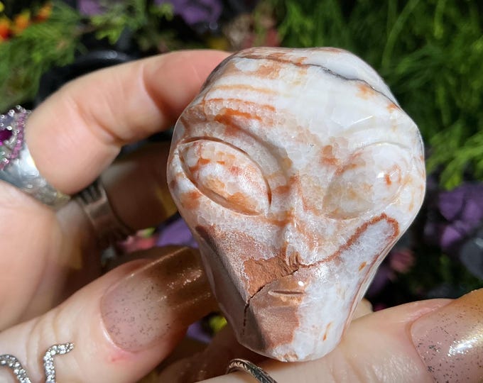 Banded Calcite Crystal Mini Skull ~ 5 oz. ~ 2" Long ~ Sparkling Pink, White, Gold & Black Colors ~ Expertly Hand-Carved Display Sculpture