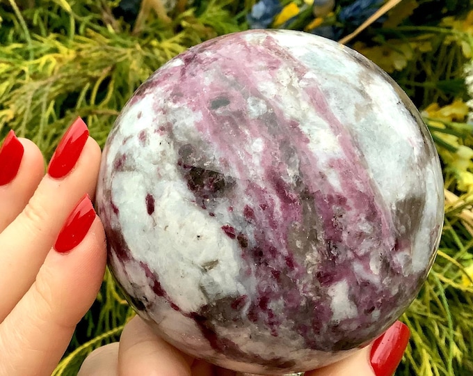 Red Tourmaline Crystal Ball ~ 1 Lb. 8 oz. ~ 3" Wide ~ Magenta Rubellite in White Quartz ~ Beautiful Metaphysical Home Decor, Altar Display ~