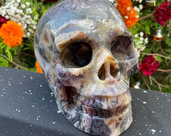 Amethyst Crystal Skull ~ Large 3 Lb. 4 oz. ~ 5" Long ~ Beautifully Hand Carved ~ Beautiful Sparkling Purple & White Crystal Sculpture