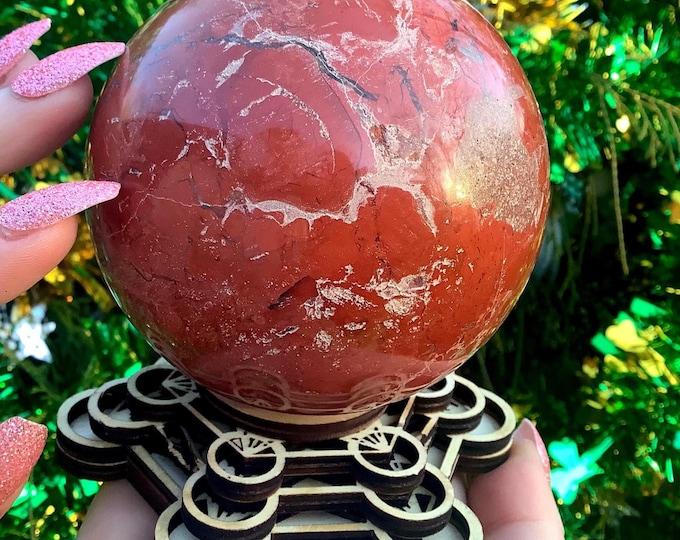 Red Jasper Crystal Ball w/ Birchwood Sacred Geometry Display Stand ~ Large 2 Lb.~ 3 1/2" Wide ~ Root Chakra Reiki Altar Decor, Metaphysical