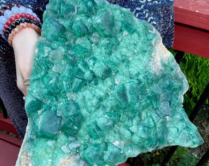 Green Fluorite Crystal Cluster ~ Large 17 Lb. ~ 12" Long ~ Sparkling Translucent Cubic Formations ~ Natural Matrix ~ Home Decor Centerpiece