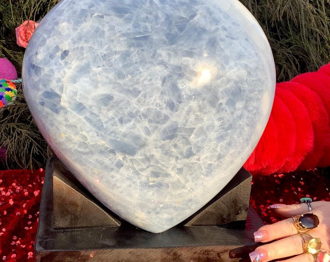Blue Celestite Crystal Heart ~ Large 28 Lb ~ 10" Wide ~ w/ Handmade Custom Wooden Display Stand ~ Angelic Blue Colors ~ Fast & Free Shipping