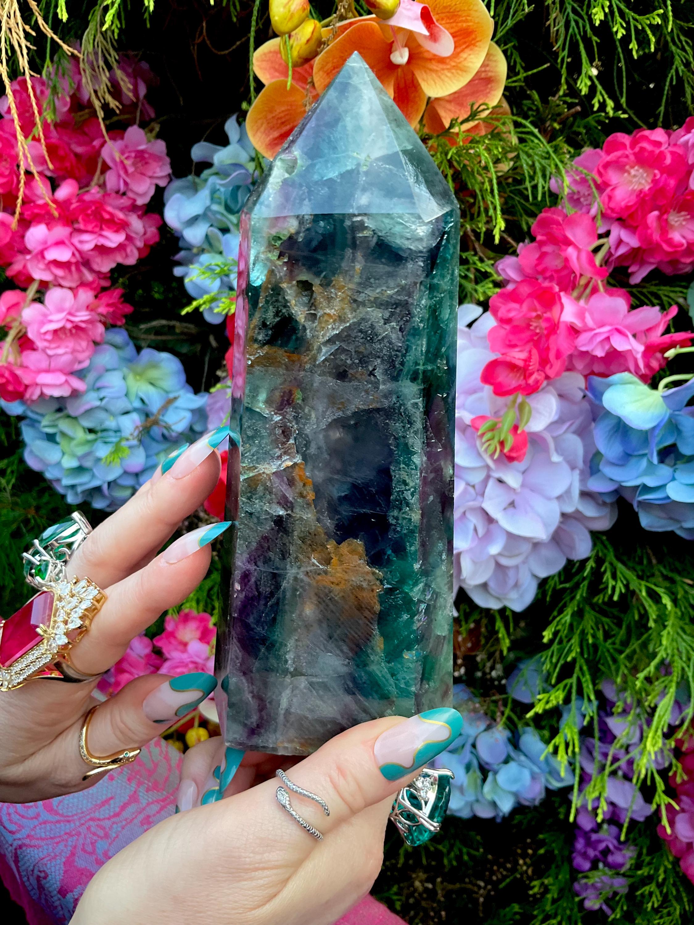 Rainbow Fluorite Crystal Generator ~ Large 2 lb. 8 oz. ~ 7" Tall Tower ~ Swirling Purple & Green Colors ~ Reiki, Altar Display ~ Ships Fast!