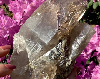 May include: A large, translucent smoky quartz crystal cluster featuring sharp, angular facets and natural internal inclusions. The mineral specimen displays varying shades of gray and brown, with a polished, reflective surface texture throughout.