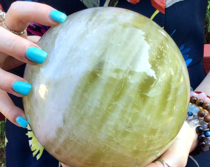 Citrine Crystal Ball ~ Large 11 Lb. 5 oz. ~ 6" Wide ~ Smokey Quartz Inclusions ~ White Bands Natural Golden Color ~ Metaphysical Home Decor