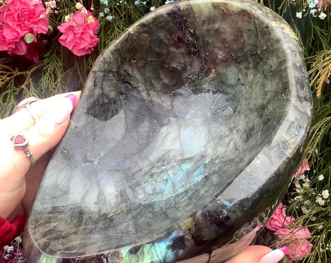 Labradorite Crystal Bowl ~ 5 Lb. 12 oz. ~ 8" Long ~ One-of-a-Kind Hand Carved ~ Blue & Gold Flashing Colors ~ Fast and Free Shipping, U.S.A.