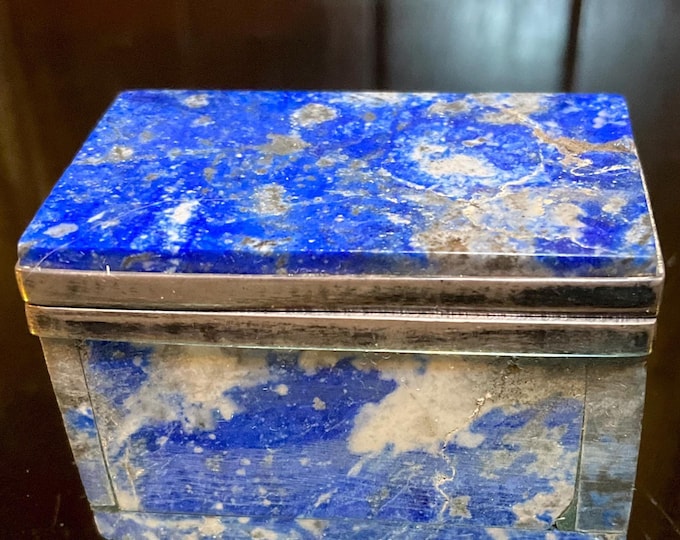 Lapis Lazuli Jewelry Box with Lid ~ 2" Long ~ Handmade from Afghanistan ~ Vintage Antique Display Box ~ Swirling Blue Color with Gold Pyrite