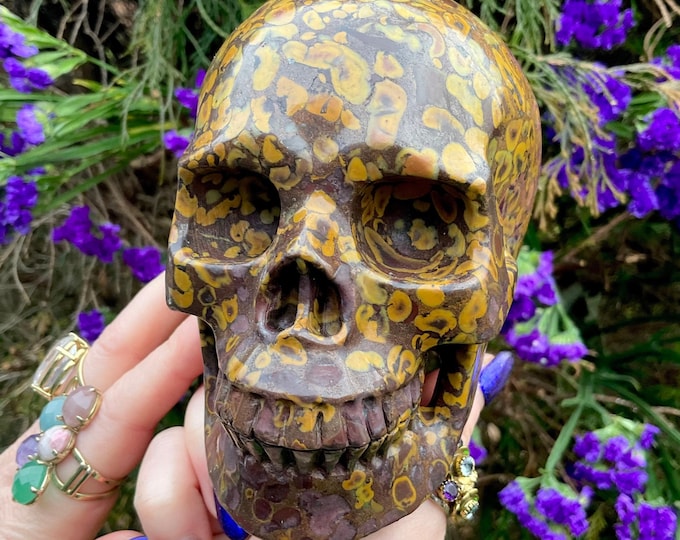 Fossilized Jasper Crystal Skull ~ Large 2 Lb 15 oz ~ 5" Long ~ Hand Carved Sculpture~ Swirling Golden Red Brown & Black Colors Fast Shipping