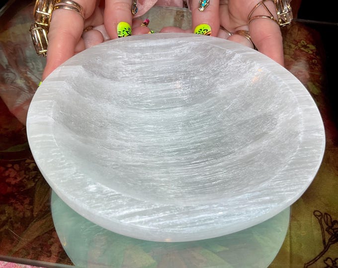Selenite Crystal Jewelry Dish ~ Large 1 Lb. 10 oz. - 6" Round ~ Beautiful Polished Transparent White Mineral ~ Swirling Pearlescent Patterns