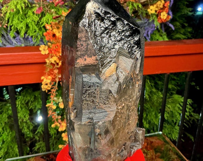 Black Morion Quartz Display Crystal 7 Lb. 14 oz.  Single-Terminated Point Cluster ~ 10" Tall ~Natural Black Color ~ Custom Hand Carved Stand