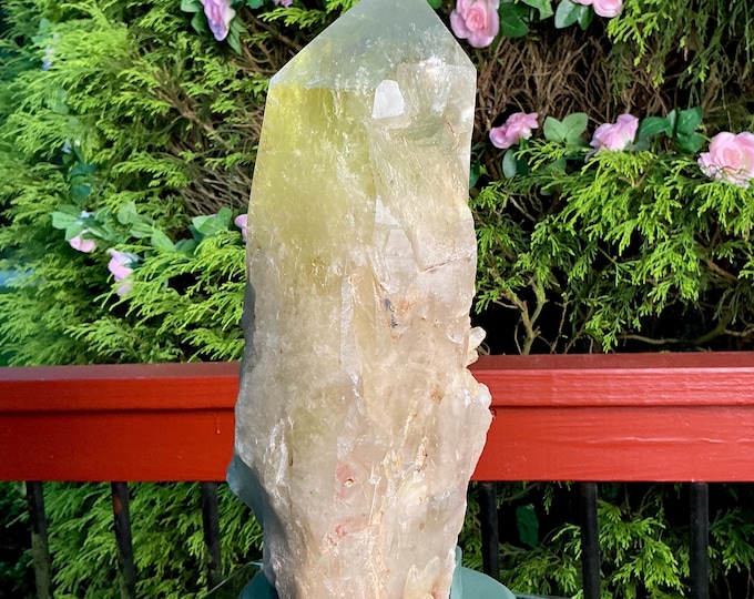 Clear Citrine Quartz Crystal Point ~ 11 Lb. 7 oz. ~ 12" Tall~ Sparkling Yellow with Golden Rainbow Inclusions ~ Custom Hand Carved Stand