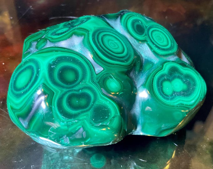 Malachite Freeform Crystal ~ Large 14.5 oz. ~ 3" Long ~ Beautiful Polished Green Mineral Specimen ~ Swirling Bullseye Patterns, Congo