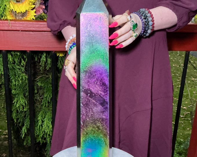 CLEARANCE! ~ Aura Shungite Crystal Generator ~ Large 25 Lb. ~ 21" Tall Tower ~ Rainbow Colors ~ Pink, Blue, Green, Yellow