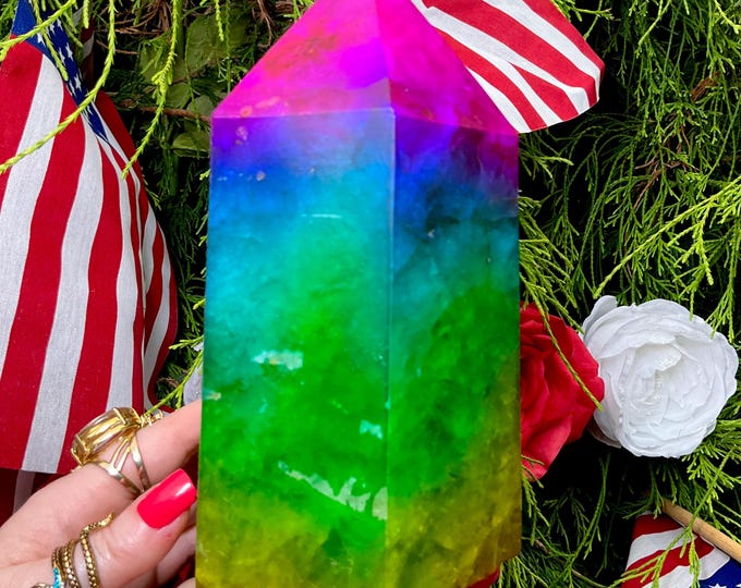 Rainbow Aura Fluorite Crystal Generator ~ 8 lb. ~ 8" Tall Tower ~ Colorful Pink, Blue, Green, Yellow Colors ~ Fast & Free Shipping, U.S.A. ~