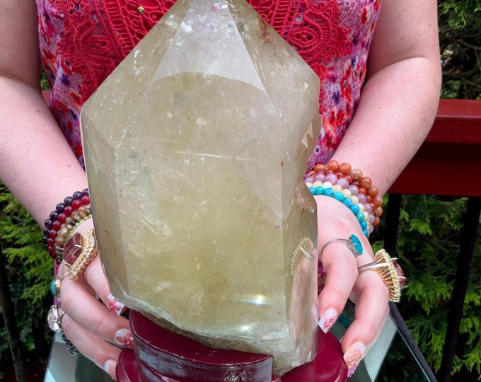 Clear Citrine Quartz Crystal Point ~ 7 Lb.  14 oz. ~ 9" Tall~ Sparkling Yellow with Golden Rainbow Inclusions ~ Custom Hand Carved Stand