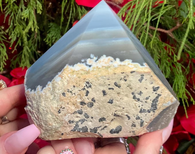 Chalcedony/Blue Agate Polished Crystal Point ~ Large 2 Lb. ~ 4" Tall ~ Blue Gray & White Colors ~ w/ Natural Volcanic Matrix