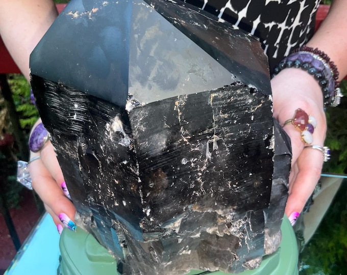 Black Morion Quartz Display Crystal 13 Lb. 8 oz.  Single-Terminated Point Cluster ~ 8" Tall ~Natural Black Color ~ Custom Hand Carved Stand