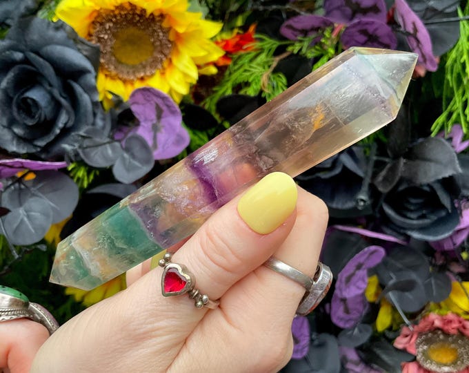 Rainbow Fluorite Double Terminated Wand ~ Large 3.2 oz. ~ 5" Long ~ Clear, Green, Purple ~ Fast & Free Shipping, USA + Global Shipping