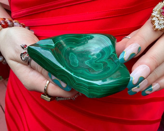 Malachite Crystal Bowl ~ 7 oz. - 4" Long ~ Vintage Green Mineral Specimen ~ Swirling Bulls Eye Patterns, from Congo, Africa ~ Fast Shipping
