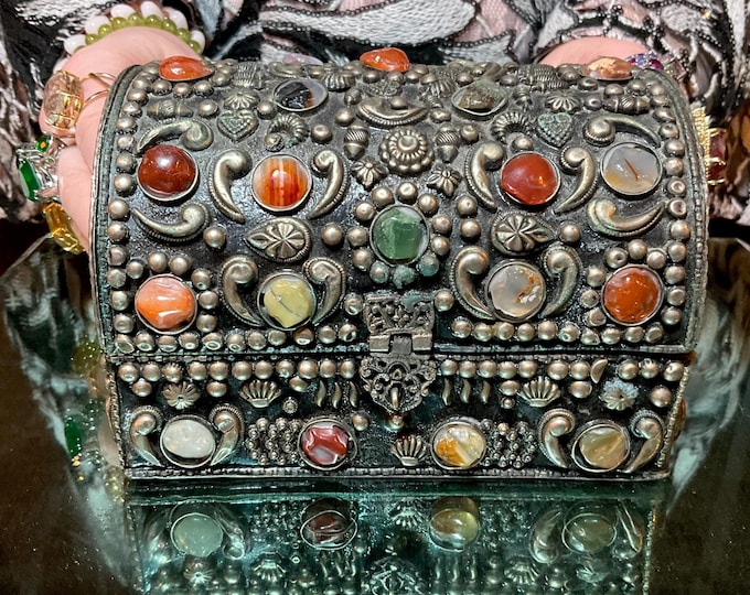 Vintage Agate Inlaid Moroccan Jewelry Box ~ Moorish Dome Top w/ Semi Precious Stones ~ 6" Long Handmade in Morocco
