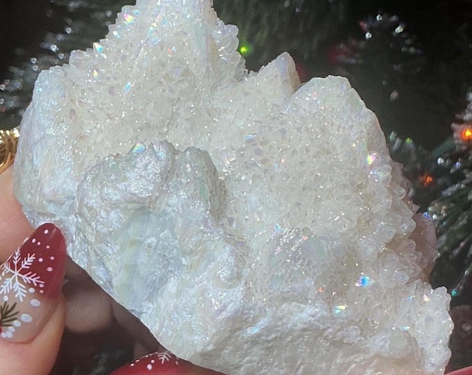 CLEARANCE! ~ White Aura Quartz Crystal Cluster ~ Large 10 oz. ~ 4" Long ~ Electric Pearlescent Rainbow Iridescent Sparkling Points