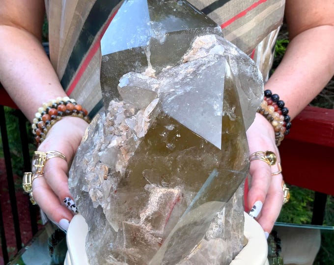 Clear Citrine Quartz Crystal Point ~ 10 Lb.  2 oz. ~ 8" Tall~ Sparkling Yellow with Golden Rainbow Inclusions ~ Custom Hand Carved Stand