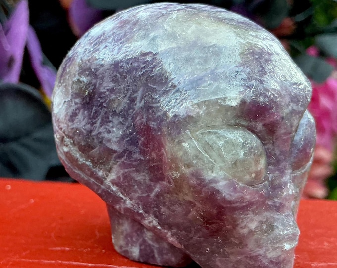 CLEARANCE ~ Lepidolite Alien Crystal Mini Skull ~ 6 oz. ~ 2" Long ~ Purple & Sparkling Silver Mica Gemstone ~ Hand-Carved Sculpture