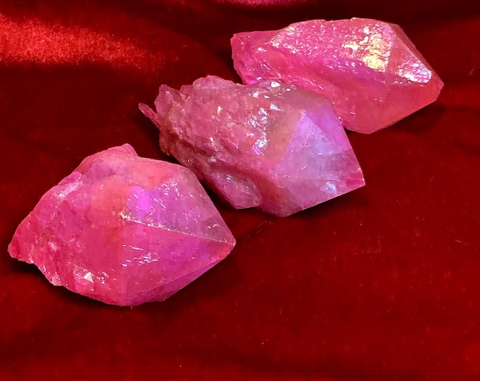 Pink Aura Elestial Quartz Crystal Cluster 3 Piece Set ~ 7 oz. Total Weight