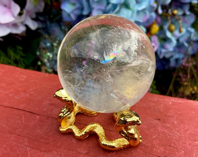 Ultra Clear Quartz Crystal Ball w/ Gold Cobra Snake Display Stand ~ 5 oz. ~ 2" Wide ~ Reiki, Altar, Feng Shui, Metaphysical Home Decor ~