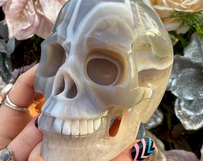Blue Gray Agate Crystal Skull ~ 2 Lb. 12 oz. ~ 5" Long ~ Swirling Blue & White Colors ~ Expertly Hand-Carved Display Sculpture