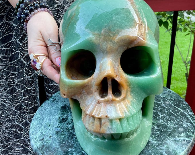 Green Aventurine Crystal Skull ~ Large 23 Lb. 5 oz. ~ 10" Long Hand Carved ~ Sparkling Green & Gold Quartz Colors ~ Free Standing Sculpture
