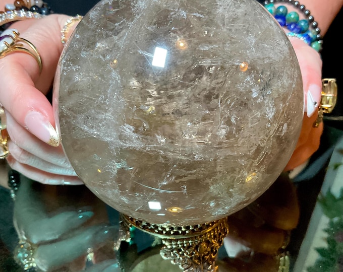 Clear Quartz Crystal Ball 3 Lb. 10 oz. w/ Display Stand ~ 4" Wide ~ Stunning Rainbow Inclusions, Silver Flashes