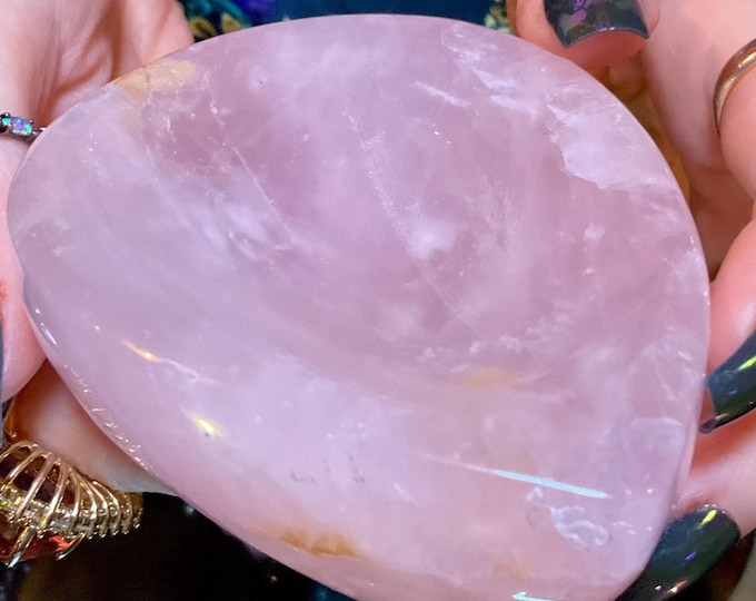 Rose Quartz Crystal Bowl ~ 15 oz. ~ 4" Long ~ Natural Polished Mineral Gemstone Jewelry Dish ~ Altar Display ~ Fast Shipping