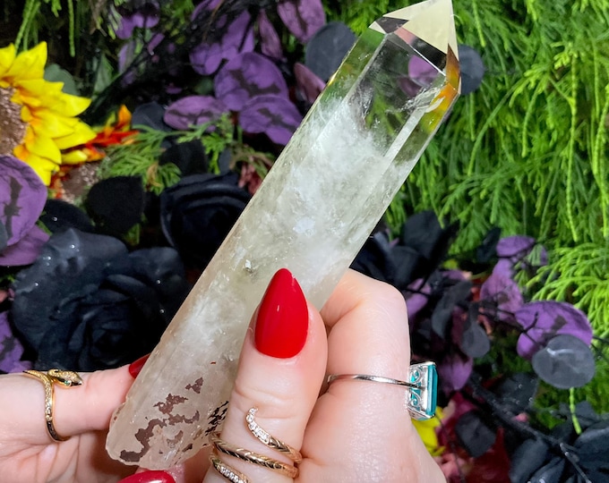 Citrine Quartz Crystal Wand ~ Large 5.7 oz. ~ 5 1/2" Long ~ High Altitude Himalayan Point ~ Clear & Yellow Phantoms ~ Rainbow Inclusions
