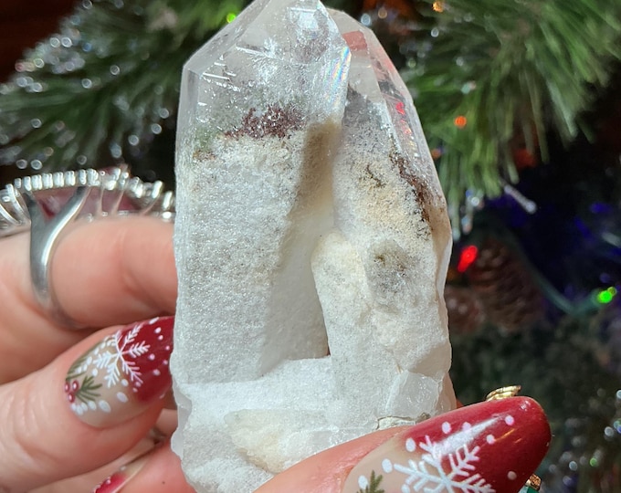 CLEARANCE ~ Clear Quartz Crystal Cluster ~ Gem Cut Twin Points ~ 3" Long ~ Big 3 oz. ~ Green Chlorite Inclusions, Silver phantoms