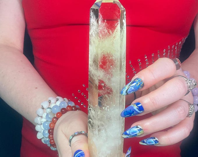 High Altitude Himalayan Citrine Quartz Crystal Wand ~ Large 9 oz. ~ 7" Long ~ Clear Natural Colors, Sparkling Rainbow Inclusions