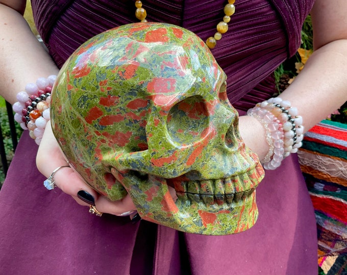 Unakite Crystal Skull ~ 8 Lb. 2 oz. ~ 6" Long ~ Colorful Green Epidote, Pink Orthoclase and Quartz Inclusions ~ Hand-Crafted Sculpture